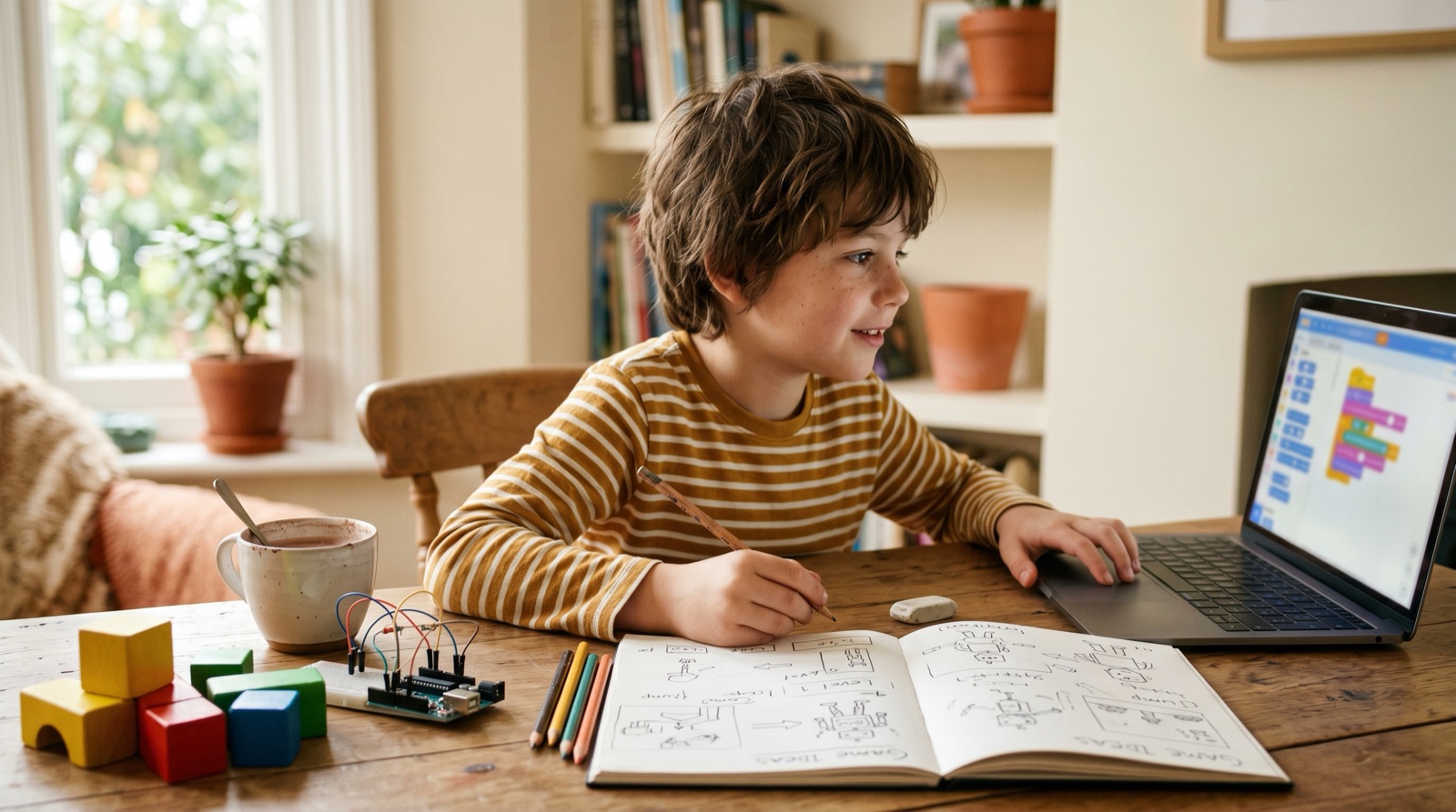 Niño concentrado en su escritorio creando un proyecto con portátil, cuaderno de bocetos y materiales tangibles, iluminado por luz natural.