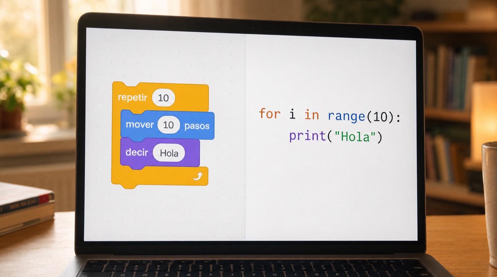 El mismo bucle en dos formas: a la izquierda un bloque amarillo 'repetir 10' de Scratch; a la derecha el código Python 'for i in range(10):'.