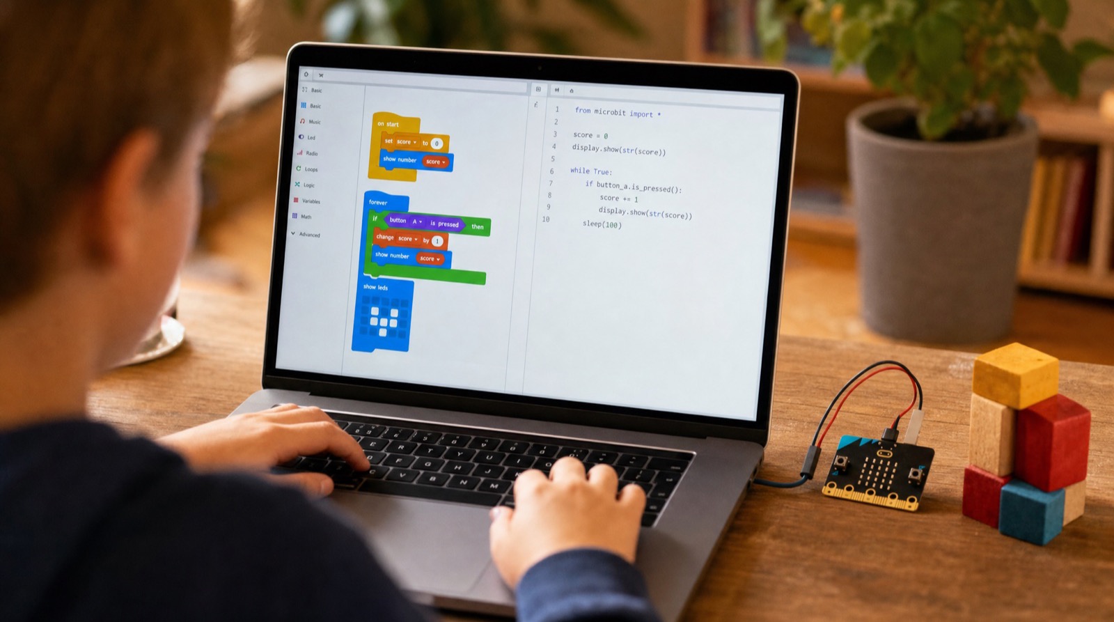 Pantalla de un editor de doble modalidad: a la izquierda los mismos bloques de colores; a la derecha, el programa equivalente escrito en Python, junto a una placa micro:bit sobre la mesa.