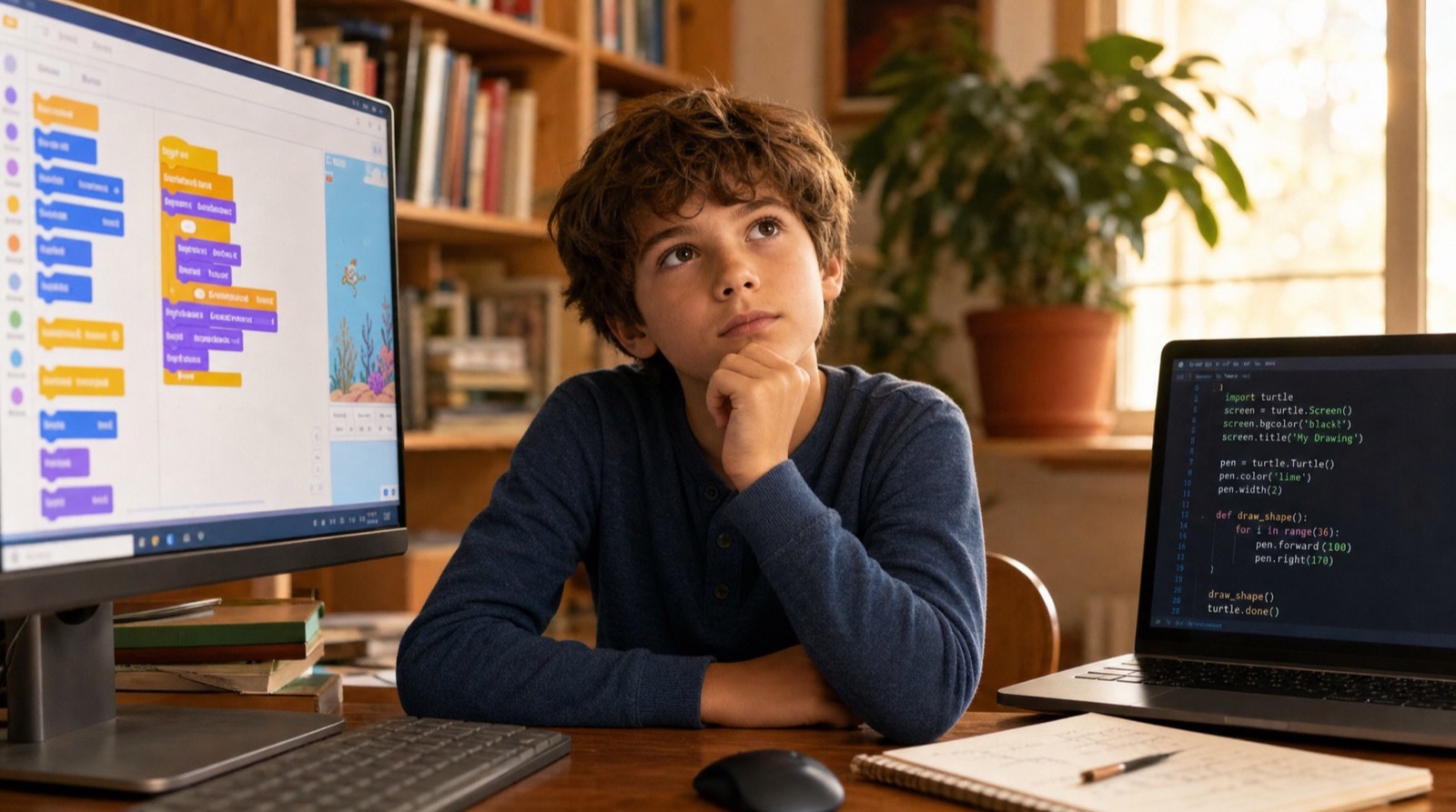 Niño de unos 10 años, pensativo, entre una pantalla con bloques de Scratch a la izquierda y otra con código Python a la derecha, en un estudio de casa.