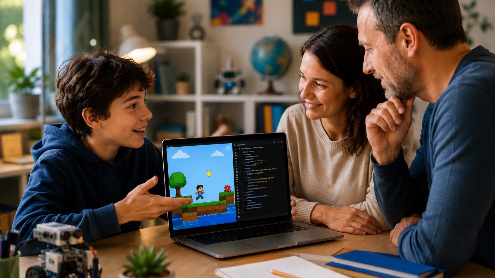 Niño explicando a su padre un proyecto de programación en la pantalla de un portátil.