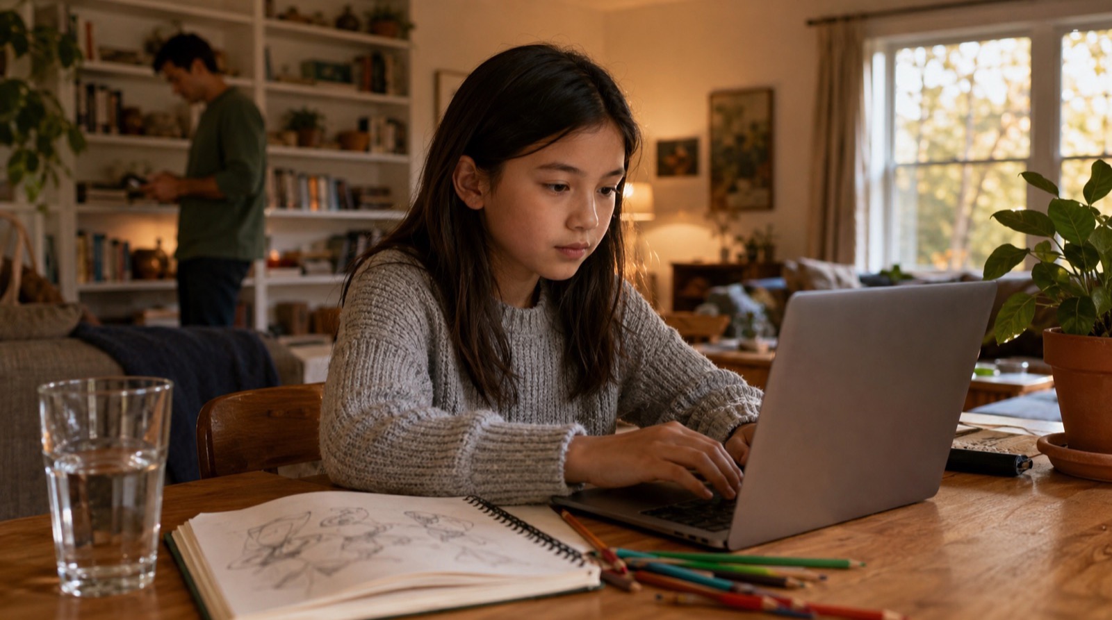 Niña de unos 11 años trabajando con un portátil en la mesa del salón, junto a un cuaderno de bocetos, con un adulto al fondo y luz natural.