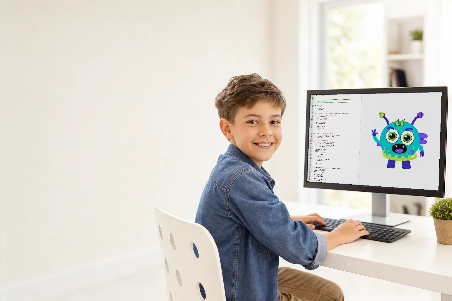 Un niño programa en Python y dibuja a Bug, uno de los monstruos de Learning Buddies